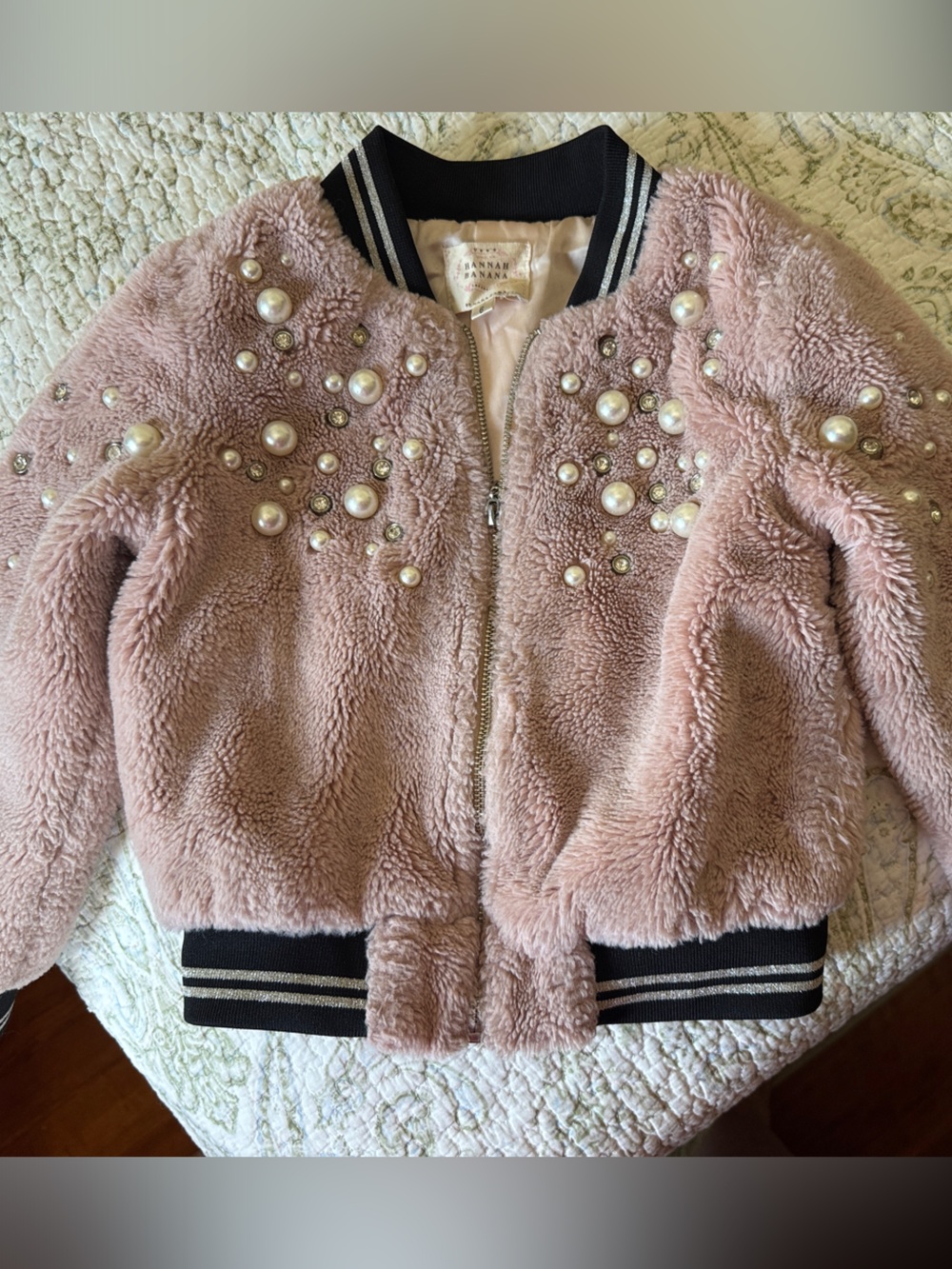 Hannah Banana Blush Pink Faux-Sherpa Bomber Jacket with Pearl Accents
